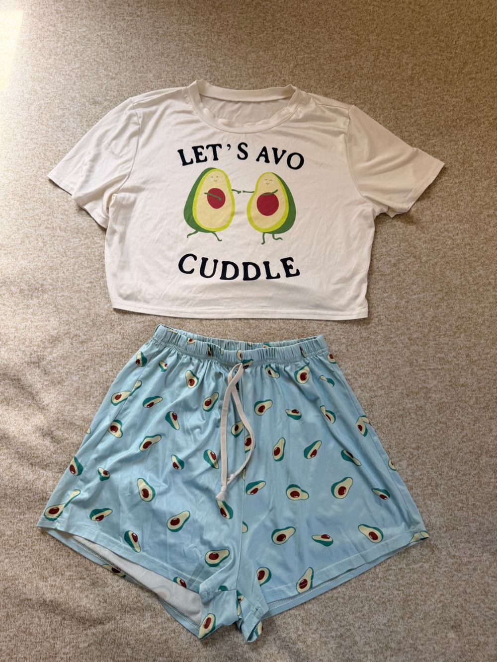 Avocado Cropped Tee & Shorts Pajama Set: White Top, Light Blue Shorts